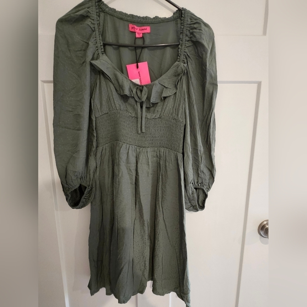 NWT Betsey Johnson Olive Green Smocked Waist 3/4 Sleeve Ruffle Dress Size S